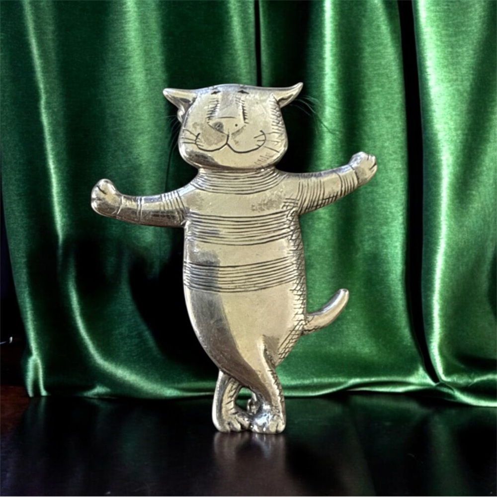 EMAN GOVEY Sterling Silver 925 Wimsical Etched Dancing Cat Kitty Brooch Pin Gift